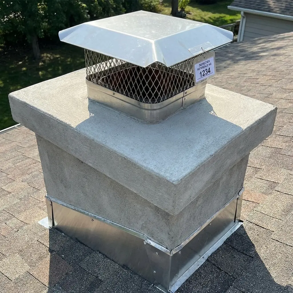 Illustrative example of chimney crown, cap, and flashing for a chimney inspection report - showing proper installation