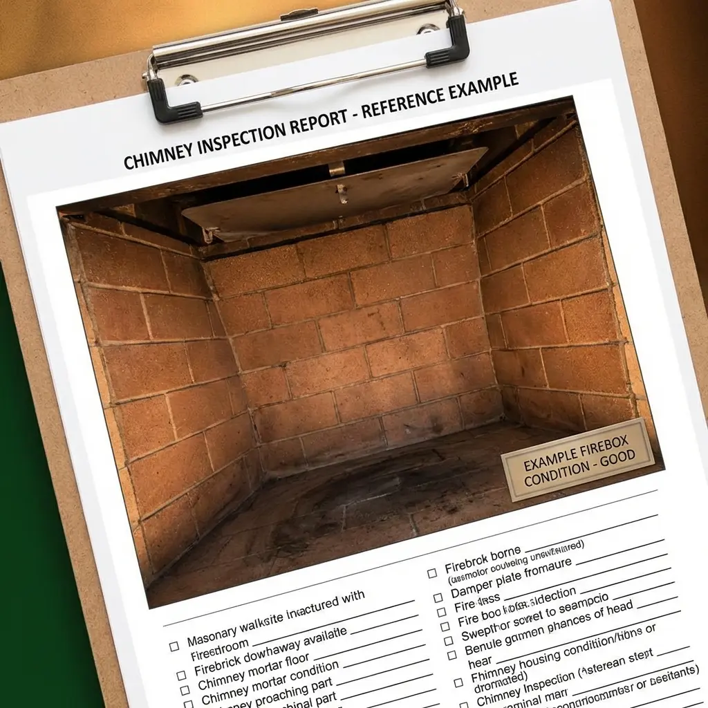 Illustrative example of firebox condition shown in a chimney inspection report - firebrick walls in good condition