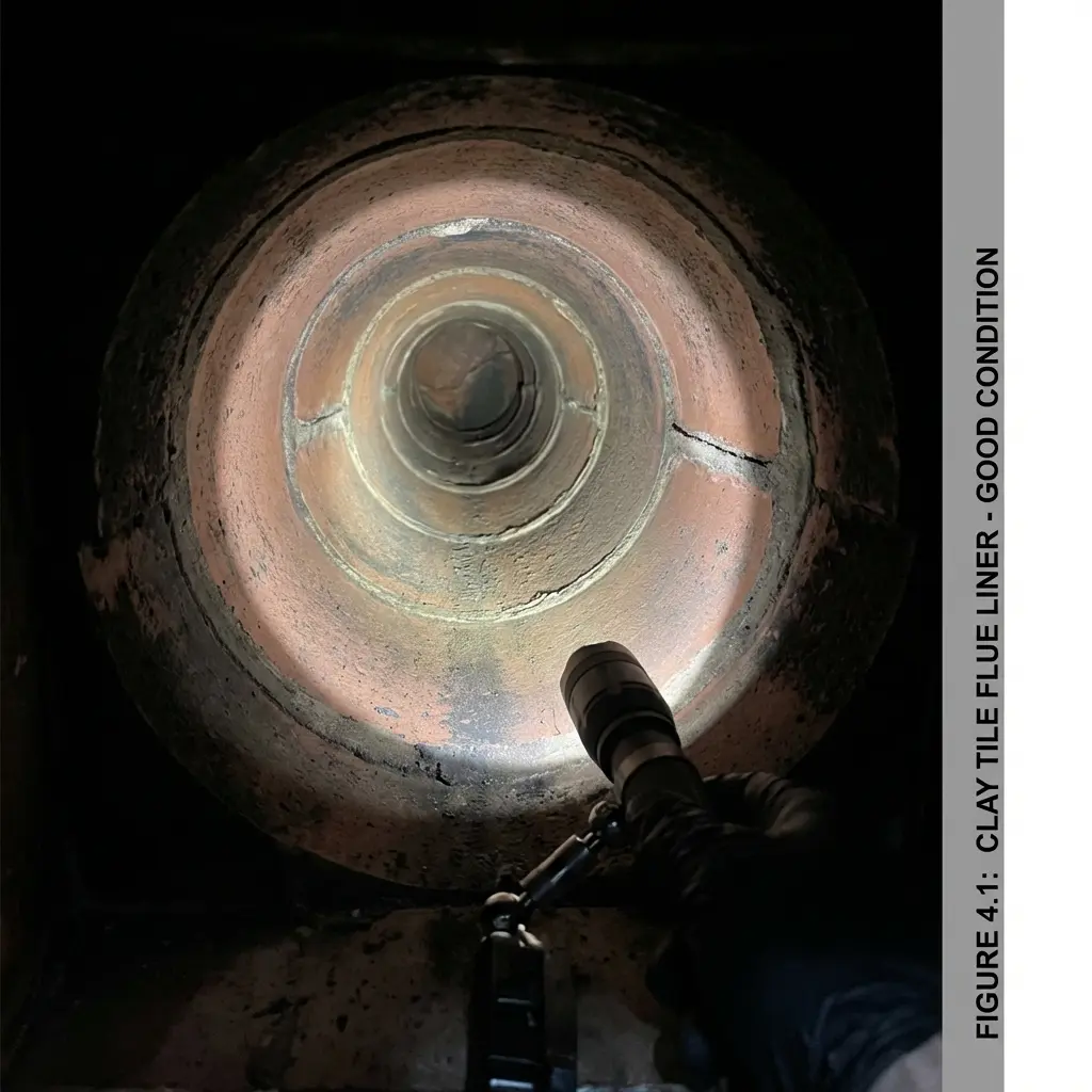 Illustrative example of clay tile flue liner interior viewed during chimney inspection - liner in good condition